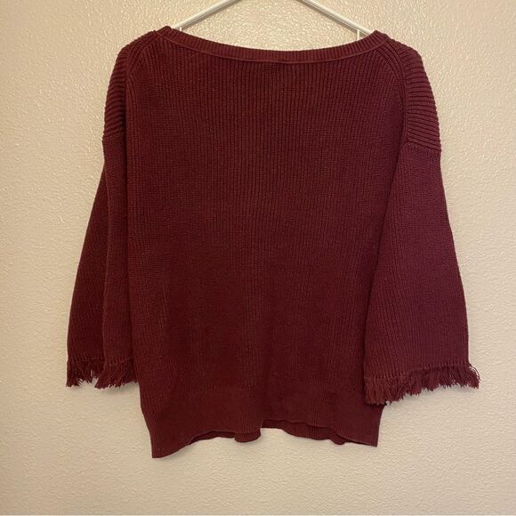J CREW Burgundy red Fringe Sleeve Knit Sweater 100% cotton crew neck M - Picture 7 of 9